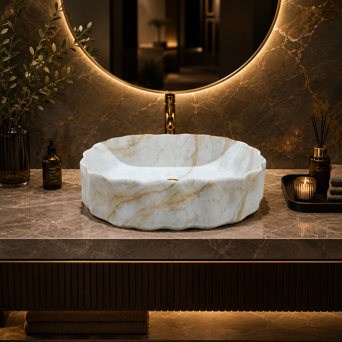 White Marble Design Ceramic Countertop Wash Basin – Luxury Unique Shape Table Top Basin (20" x 15" x 5.5")