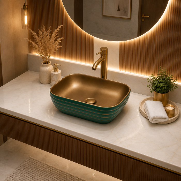 Bassino Textured Rectangular Countertop Wash Basin – Premium Matte Luxury Vessel Sink (18.1" x 13" x 5.3")