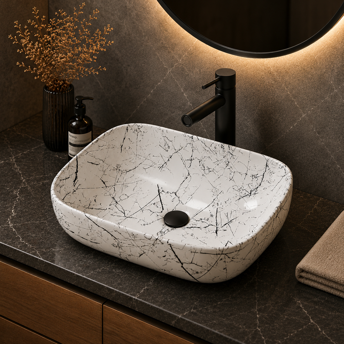 Bassino Marble Vein Ceramic Countertop Wash Basin – Designer Rectangular Vessel Sink (455 x 325 x 145 mm)