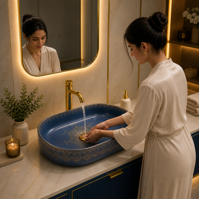 Designer Ceramic Wash Basin Gold Moroccan design | 21 x 14 x 6 In | Blue