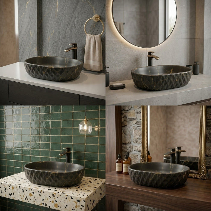 Bassino Black Marble Oval Countertop Wash Basin – Geometric Textured Ceramic Vessel Sink (20" x 13" x 5")