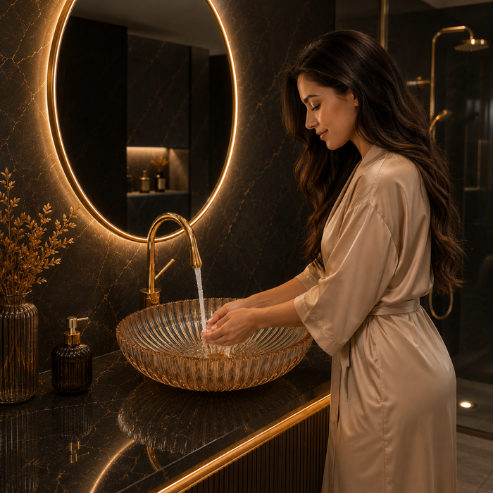 Bassino 20" Luxury Crystal Fluted Glass Countertop Wash Basin – Premium Amber Gold Oval Designer Vessel Sink (20.1" x 13.8" x 5.9")