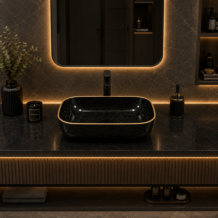 Bassino Black & Gold Rectangular Countertop Wash Basin – Premium Ceramic Vessel Sink (17.9" x 12.6" x 5.3")