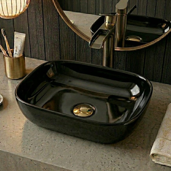 BASSINO Midnight Onyx Glossy Black Ceramic Vessel Sink (18 x 13 x 6 Inches)