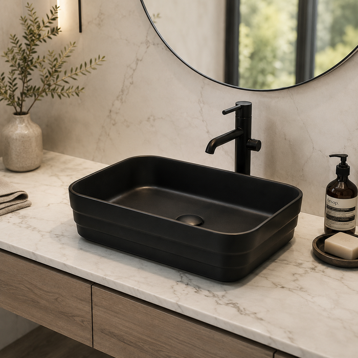 Rectangular Countertop Wash Basin | 20 × 14 × 5 Inches Designer Bathroom Sink – Matte Finish Black