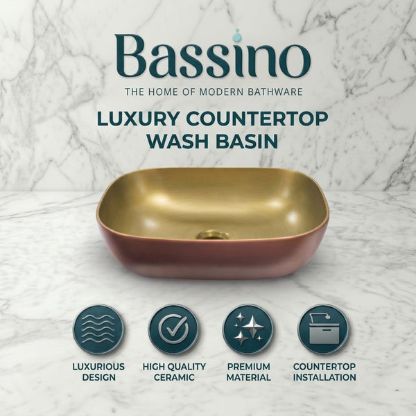 Luxury Counter Top Wash Basin | Matte Rectangle Table Top Basin | 18x13x5.8 Inch | Gold With Bronze
