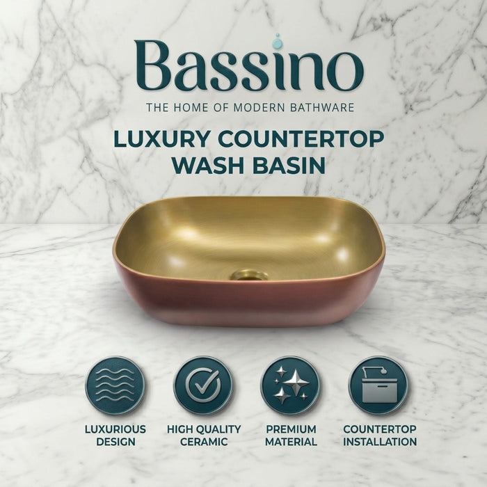 Luxury Counter Top Wash Basin | Matte Rectangle Table Top Basin | 18x13x5.8 Inch | Gold With Bronze