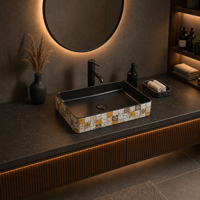 Bassino 24" Rectangular Countertop Wash Basin – Designer Mosaic Ceramic Vessel Sink (23.6" x 13.8" x 4.3")