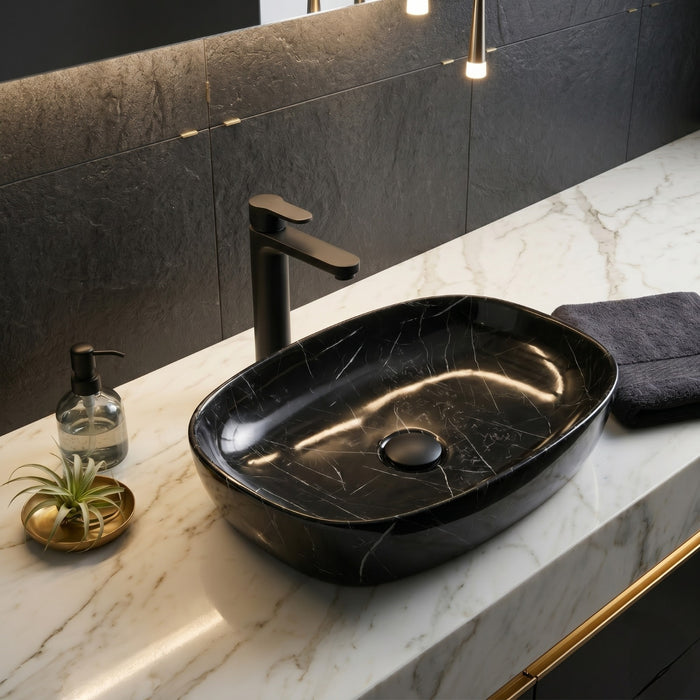 Bassino Oval Black Marble Countertop Wash Basin – Premium Ceramic Vessel Sink (23.6" x 15" x 5.5")