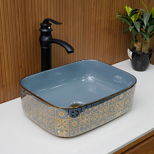 Designer Table Top Basin (16 x 12 x 6 In) BTT-11371-IN,Grey-Gold