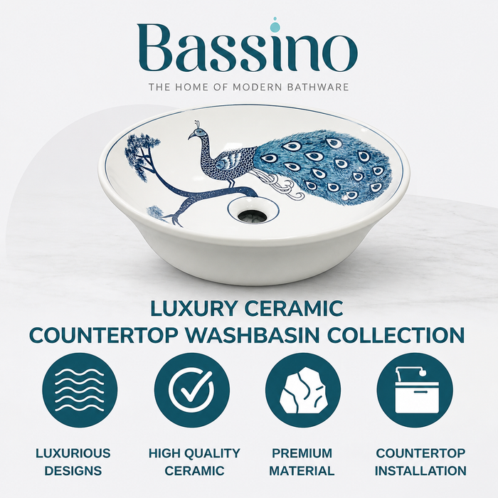 Bassino Peacock Design Round Countertop Wash Basin – Artistic Ceramic Vessel Sink (15.7" x 15.7" x 4.7")