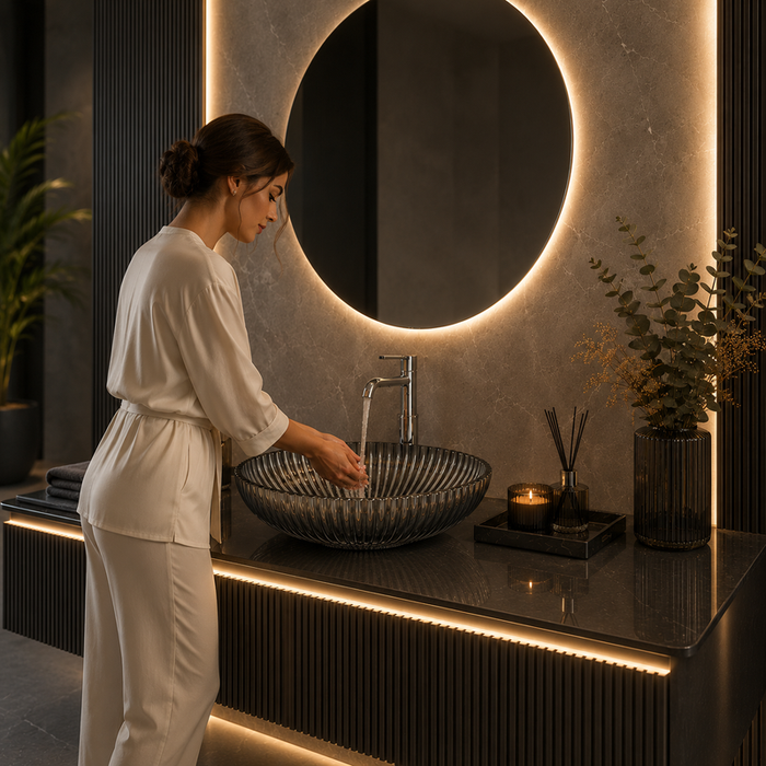 Premium Black Glass Table Top Wash Basin, Transparent Finish (530x350x150 MM) Black