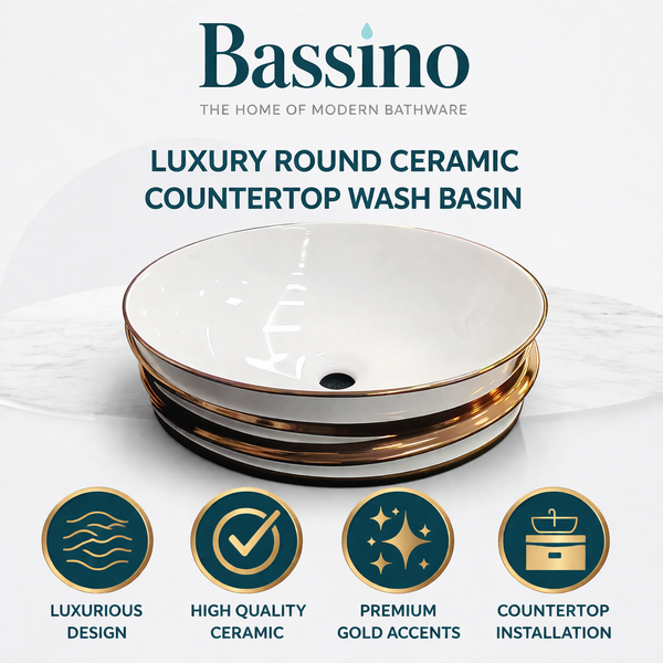 Bassino Luxury Round Ceramic Countertop Wash Basin with Premium Gold Accents