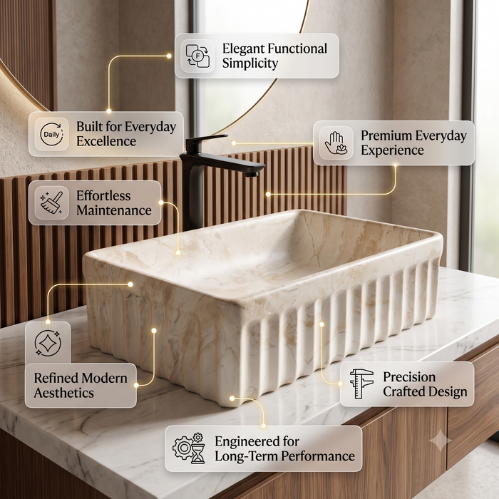 Luxury Matte Ceramic Table Top Wash Basin – Fluted Marble Design | 500 × 330 × 150 mm