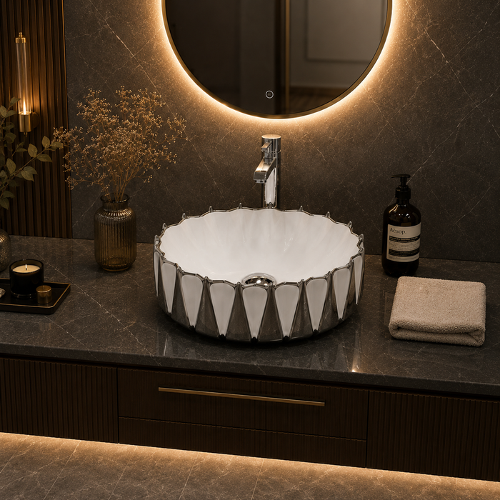 Bassino 17" Luxury White & Chrome Faceted Ceramic Countertop Wash Basin – Designer Round Vessel Sink (16.5" x 15" x 7")