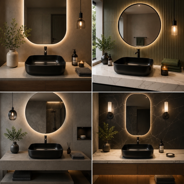 Bassino Matte Black Countertop Wash Basin – Modern Rectangular Ceramic Vessel Sink (16.5" x 12.6" x 5.5")