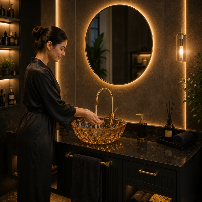 Bassino 16" Luxury Crystal Cut Glass Countertop Wash Basin – Premium Amber Gold Designer Vessel Sink (15.9" x 15.9" x 5.1")