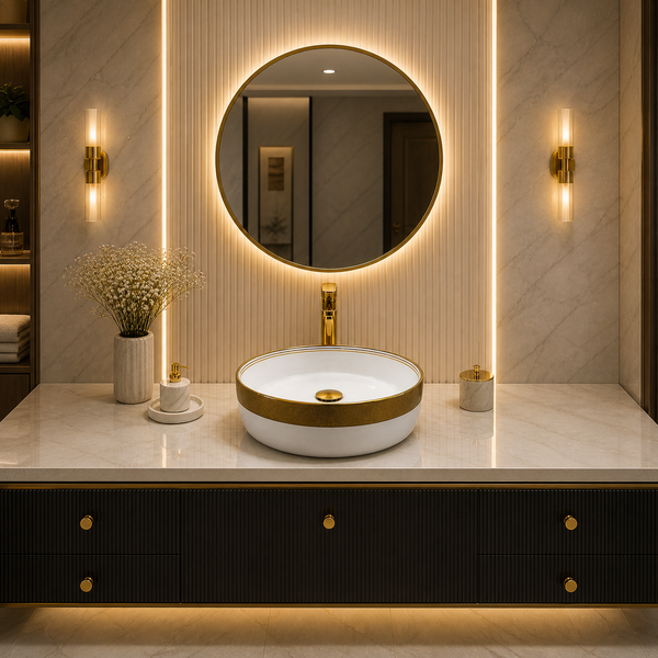 Bassino 14 Inch Round Countertop Wash Basin Sink – 14.2" x 14.2" x 4.9" Modern Luxury Ceramic Vessel Basin with Gold Rim
