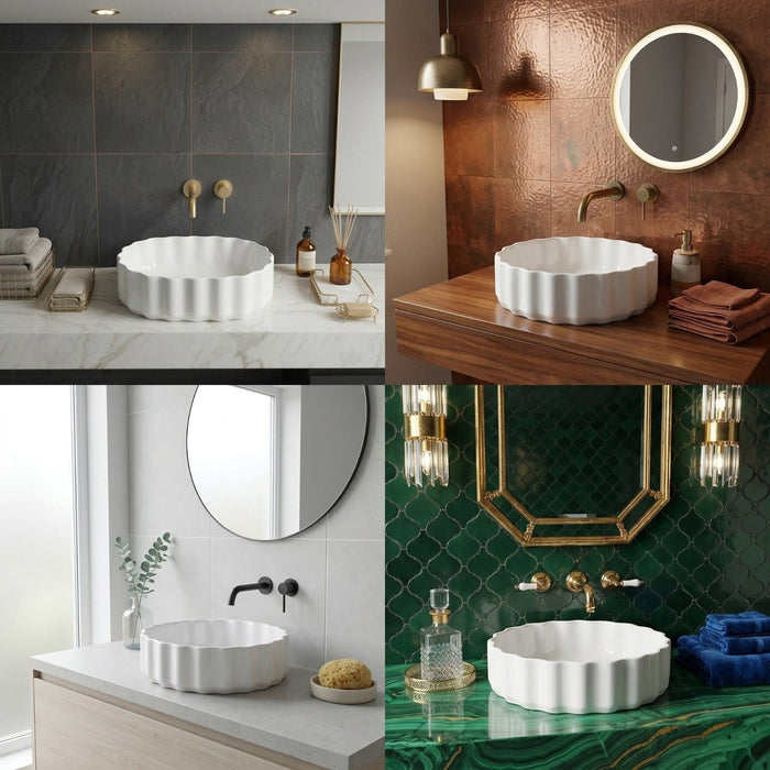 Bassino White Fluted Oval Countertop Wash Basin – Modern Ceramic Vessel Sink (19" x 13" x 6")