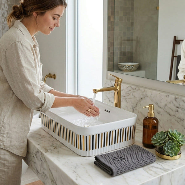 Bassino Luxury Designer Counter Top Wash Basin | Premium Rectangular Table Top Basin | Approx. 24 × 14 × 6 Inches White