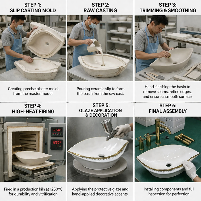 Bassino Luxury Designer Curve Countertop Wash Basin (20" x 16" x 5.5") – Ceramic Sink with Handcrafted Gold Rim Finish