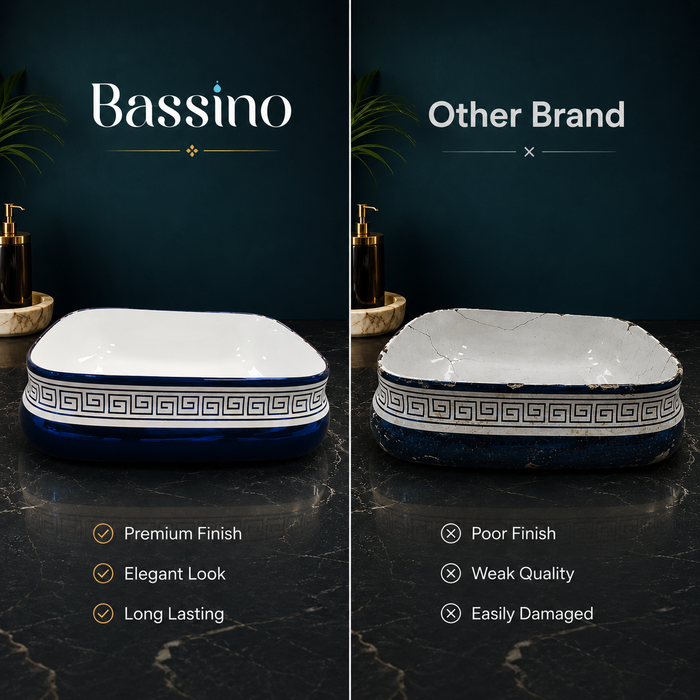 Bassino Blue & White Greek Pattern Countertop Wash Basin – Premium Ceramic Vessel Sink (18.1" x 14.2" x 5.5")
