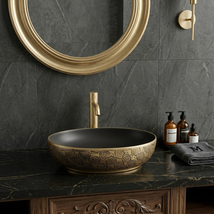 Premium Designer Ceramic Table Top Wash Basin, Matt Black with Gold Pattern (20 x 16 x 5.5 In) EQP-1047