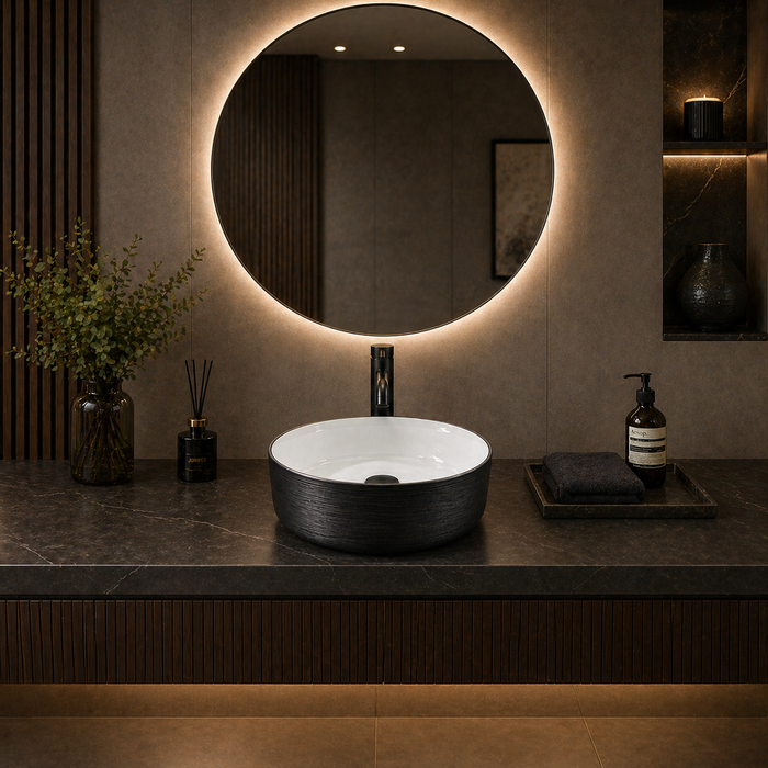 Bassino 16" Round Countertop Wash Basin – Black & White Luxury Ceramic Vessel Sink (15.7" x 15.7" x 5.5")