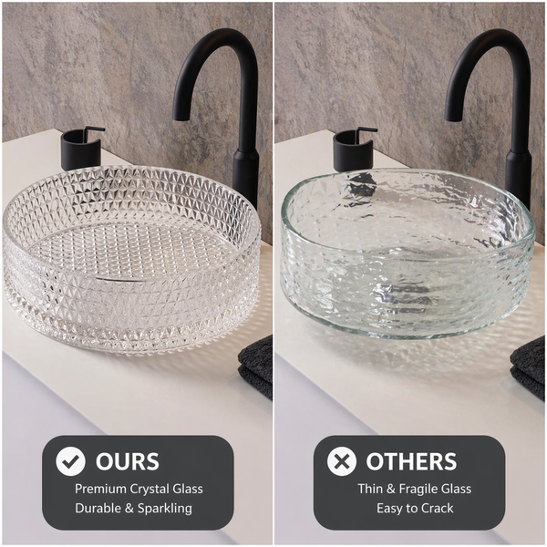 Bassino Modern Transparent Glass Wash Basin | Stylish Countertop Wash Basin for Bathroom–360x360x120 mm Clear