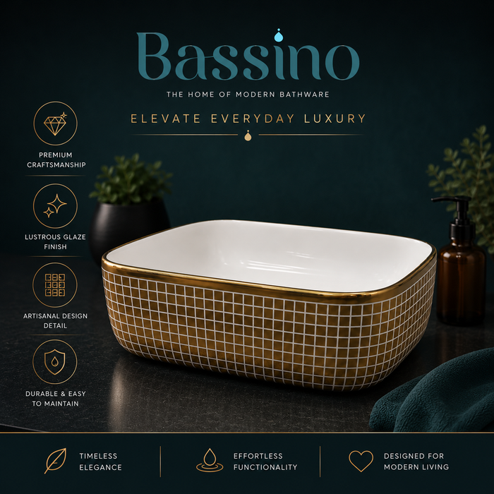Bassino 16" x 12" Luxury Rectangular Countertop Wash Basin – White & Gold Designer Ceramic Vessel Sink (15.7" x 11.8" x 5.5")