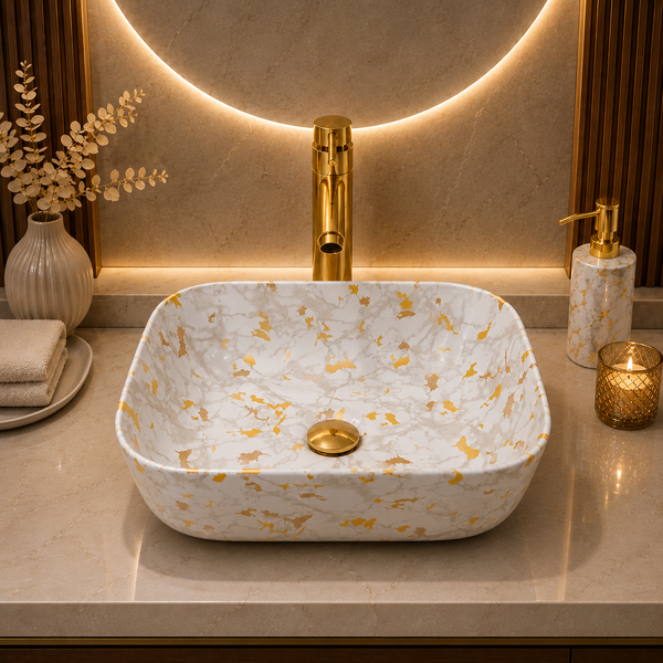 Bassino White & Gold Marble Countertop Wash Basin – Premium Ceramic Vessel Sink (15.7" x 11.8" x 5.5")