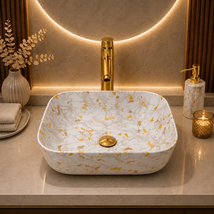 Bassino White & Gold Marble Countertop Wash Basin – Premium Ceramic Vessel Sink (15.7" x 11.8" x 5.5")
