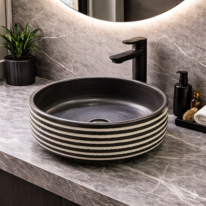 BASSINO Zebra Artisan Circular Ceramic Vessel Sink (16 x 16 x 6 Inches)