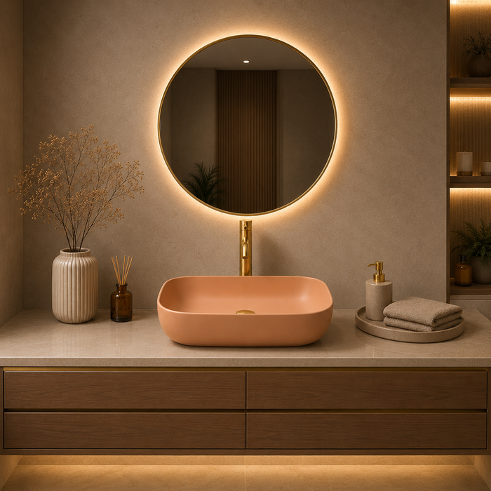 Bassino Matte Peach Countertop Wash Basin – Modern Ceramic Vessel Sink (17.9" x 12.8" x 5.5")