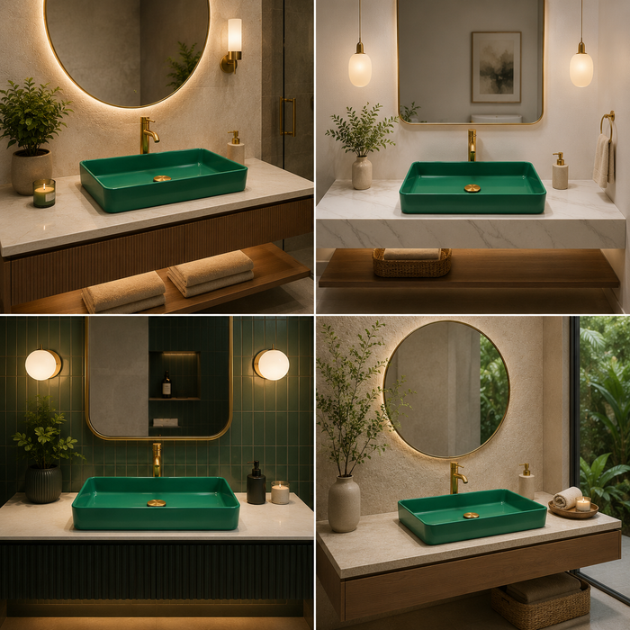 Bassino 24" Green Rectangular Countertop Wash Basin – Modern Luxury Ceramic Vessel Sink (23.6" x 13.8" x 4.3")