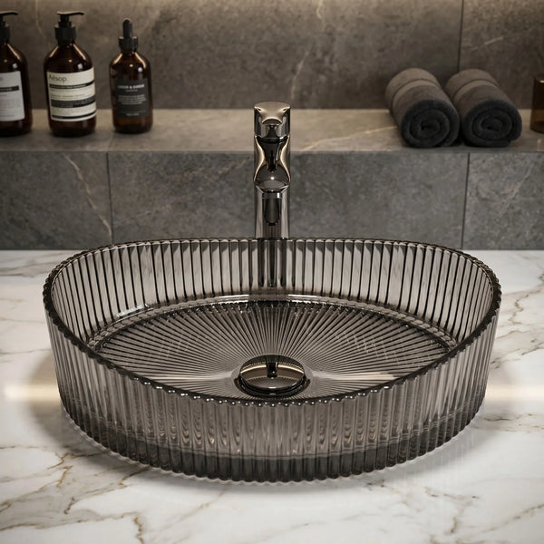 Bassino Modern Transparent Glass Wash Basin | Stylish Countertop Wash Basin for Bathroom–525x350x155 mm Black