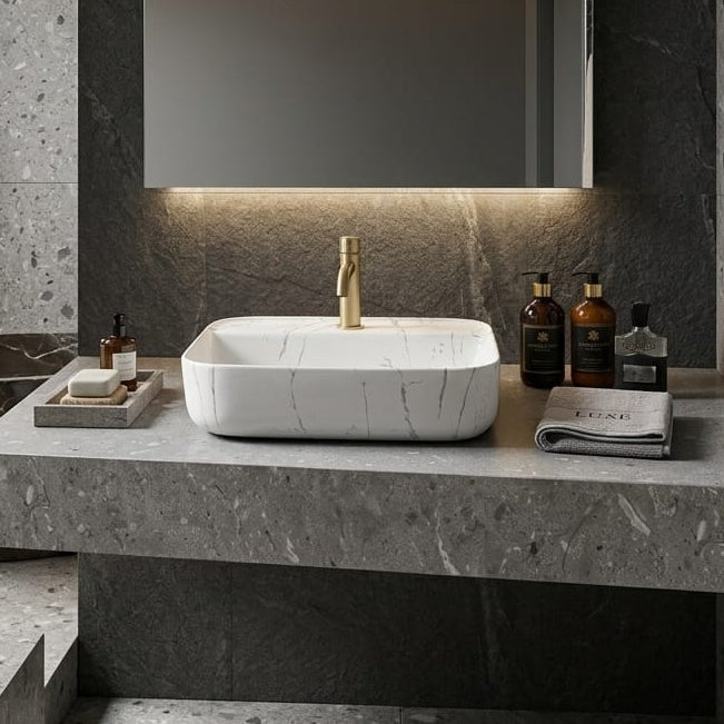 BASSINO Carrara Elegance Matte Marble-Finish Vessel Sink with Tap hole (20 x 16 x 5 Inches)