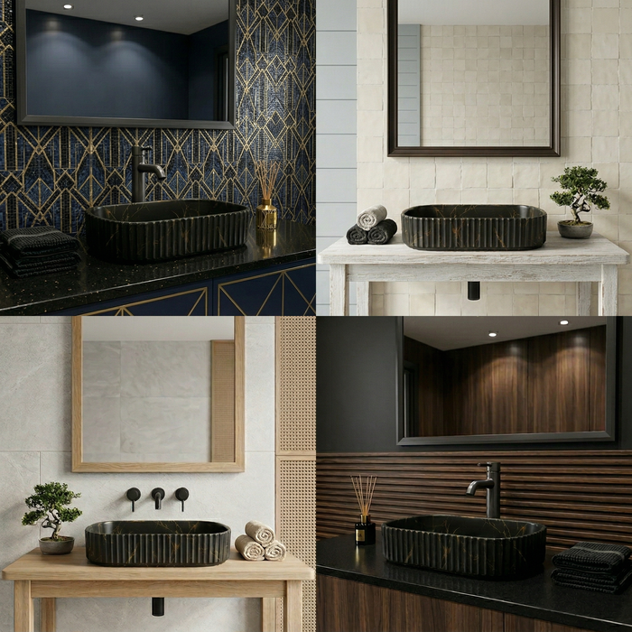 Luxury Oval Black Marble Finish Ceramic Countertop Wash Basin | Fluted Designer Vanity Sink