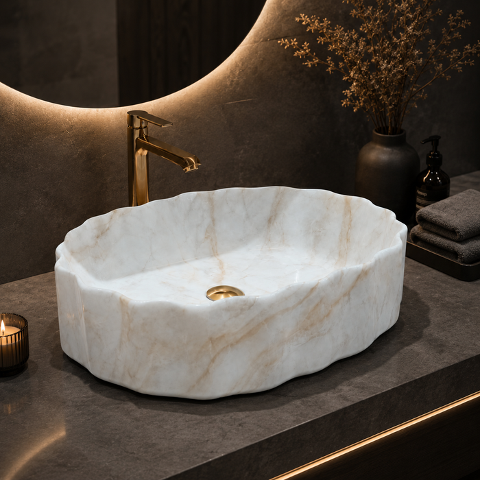 White Marble Design Ceramic Countertop Wash Basin – Luxury Unique Shape Table Top Basin (20" x 15" x 5.5")