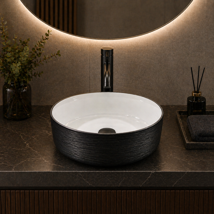 Bassino 16" Round Countertop Wash Basin – Black & White Luxury Ceramic Vessel Sink (15.7" x 15.7" x 5.5")