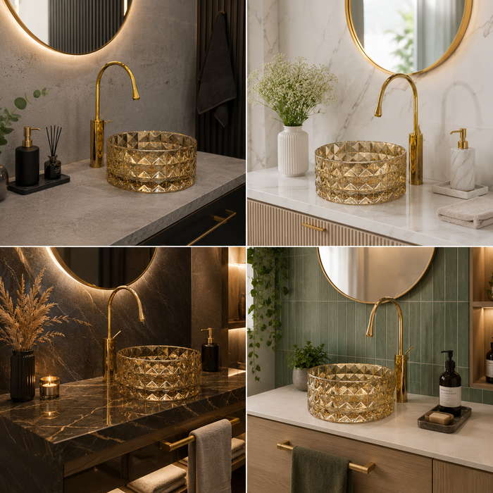 Bassino 12" Luxury Crystal Cut Glass Countertop Wash Basin – Premium Amber Gold Round Designer Vessel Sink (11.8" x 11.8" x 5.1")