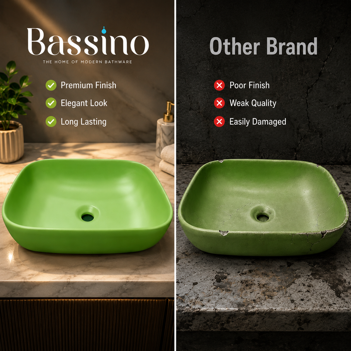 Bassino Matte Green Countertop Wash Basin – Modern Oval Ceramic Vessel Sink (17.9" x 12.8" x 5.5")