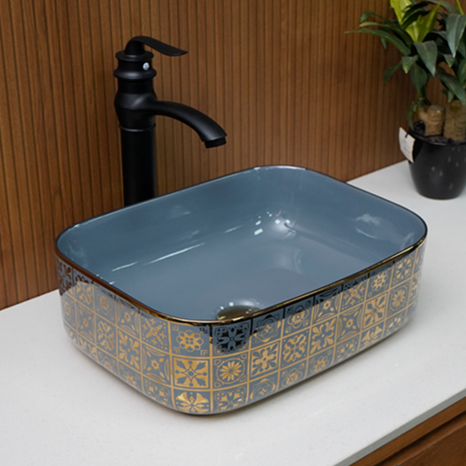 Designer Table Top Basin (16 x 12 x 6 In) BTT-11371-IN,Grey-Gold