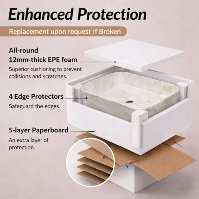 Bassino Marble Finish Rectangular Countertop Wash Basin – Premium Designer Vessel Sink (500 x 340 x 120 mm)