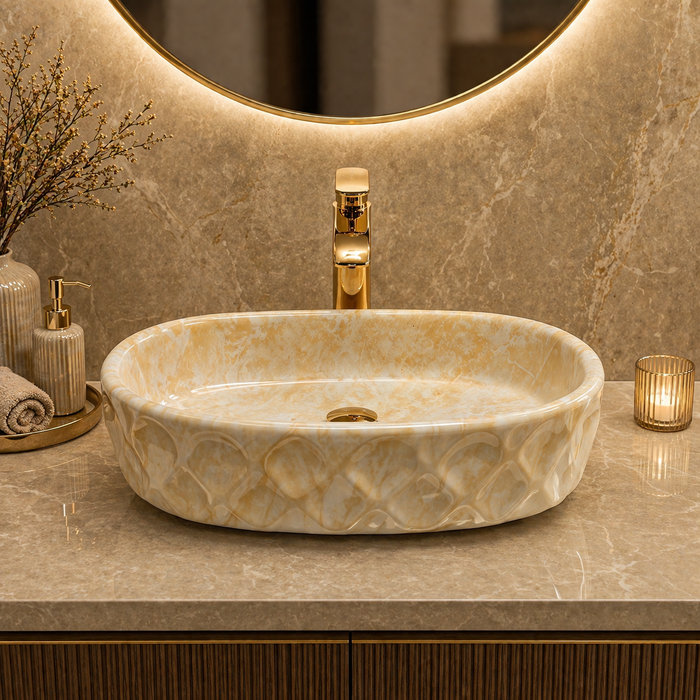 Bassino Oval Marble Finish Countertop Wash Basin – Luxury Ceramic Vessel Sink (19.7" x 12.6" x 5.5")