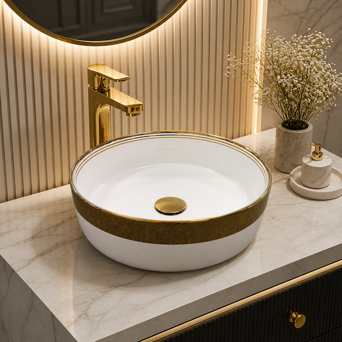 Bassino 14 Inch Round Countertop Wash Basin Sink – 14.2" x 14.2" x 4.9" Modern Luxury Ceramic Vessel Basin with Gold Rim
