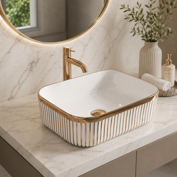 Designer Countertop Wash Basin | 16 × 12 × 6 Inch Luxury Bathroom Basin | Gold & Rose Gold Finish Variants Rose gold
