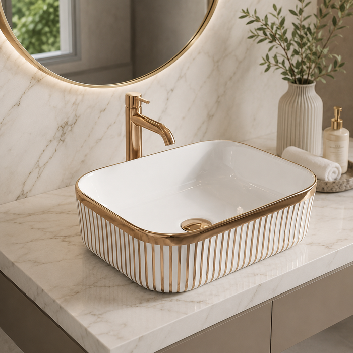 Designer Countertop Wash Basin | 16 × 12 × 6 Inch Luxury Bathroom Basin | Gold & Rose Gold Finish Variants Rose gold