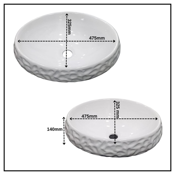Bassino Textured Oval Countertop Wash Basin (19" x 13" x 5.5") – Modern Ceramic Sink with Sculpted Exterior Design