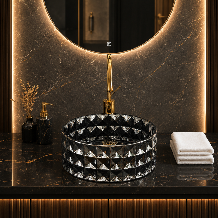 Bassino 12" Luxury Crystal Cut Glass Countertop Wash Basin – Premium Smoky Black Designer Vessel Sink (11.8" x 11.8" x 5.1")